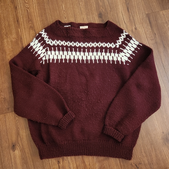 Hand Knit Unisex Pullover Sweater,  Cranberry with White Fair Isle Design - Picture 1 of 7